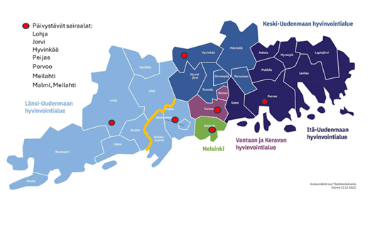 Kuvassa listattuna HUS alueen päivystävät sairaalat: Lohja, Jorvi, Hyvinkää, Peijas, Porvoo, Meilahti ja Malmi, meilahti.